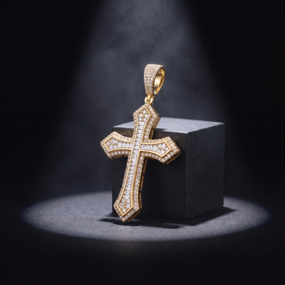 14k Gold Iced Out Baguette Cross Pendant