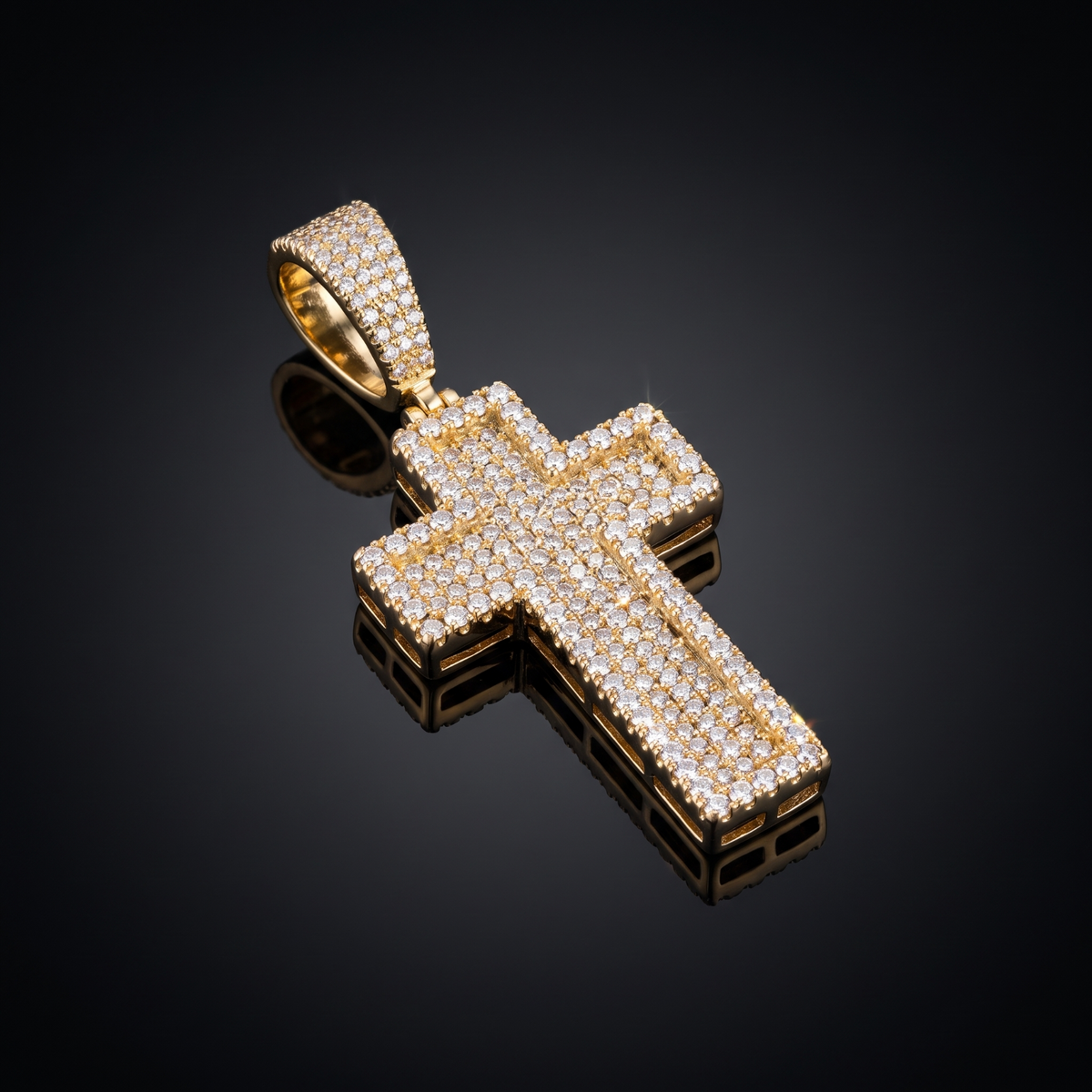 14k Gold Iced Out 3D Layered Cross Pendant - Small