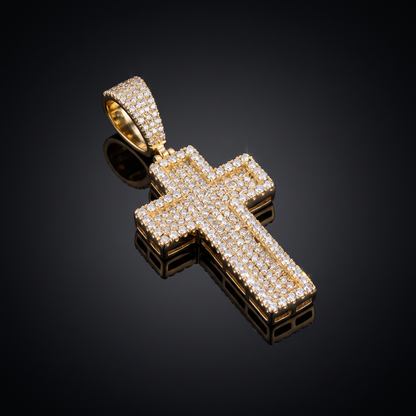 14k Gold Iced Out 3D Layered Cross Pendant - Small