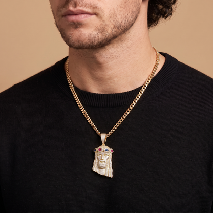 14k Gold Iced Out Multicolor Jesus Crown of Thorns Pendant - Small