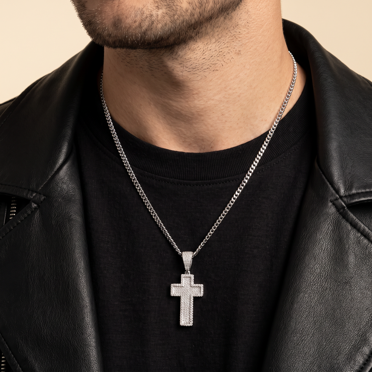 14k White Gold Iced Out 3D Layered Cross Pendant - Medium