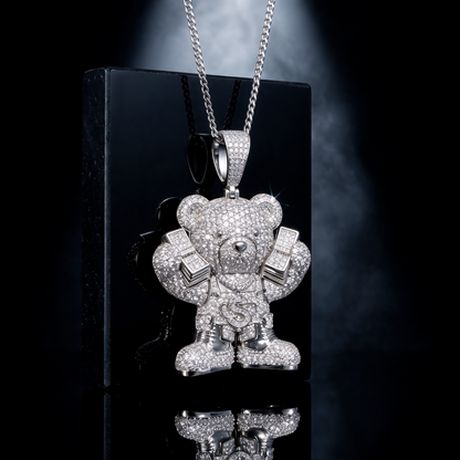 14k White Gold Iced Out Teddy Bear Money Pendant
