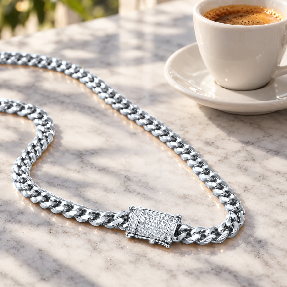 14k White Gold 8mm Miami Cuban Chain Necklace Diamond Clasp