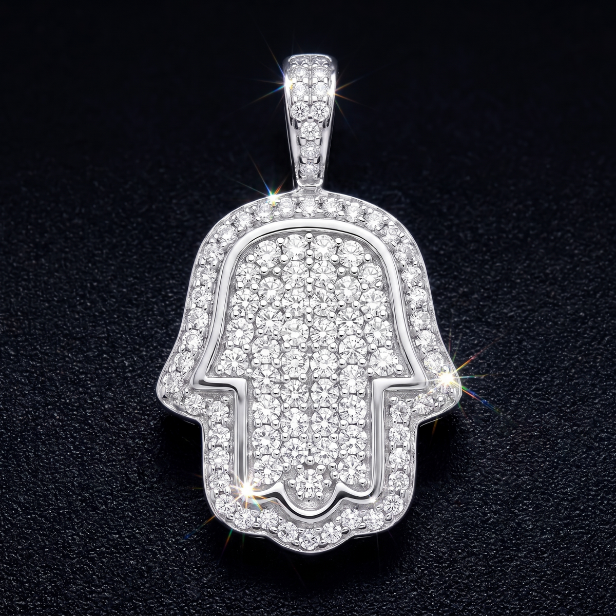 14k White Gold Iced Out Hamsa Hand Pendant - Small