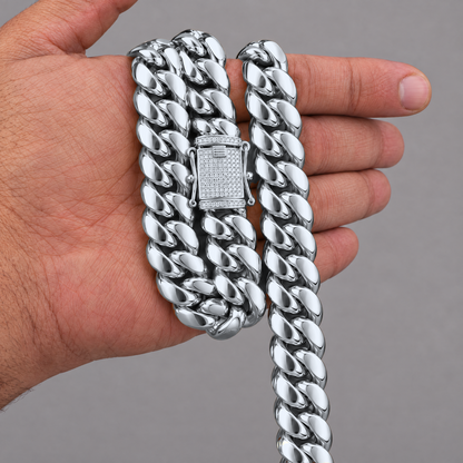 14k White Gold 14mm Miami Cuban Chain Necklace Diamond Clasp