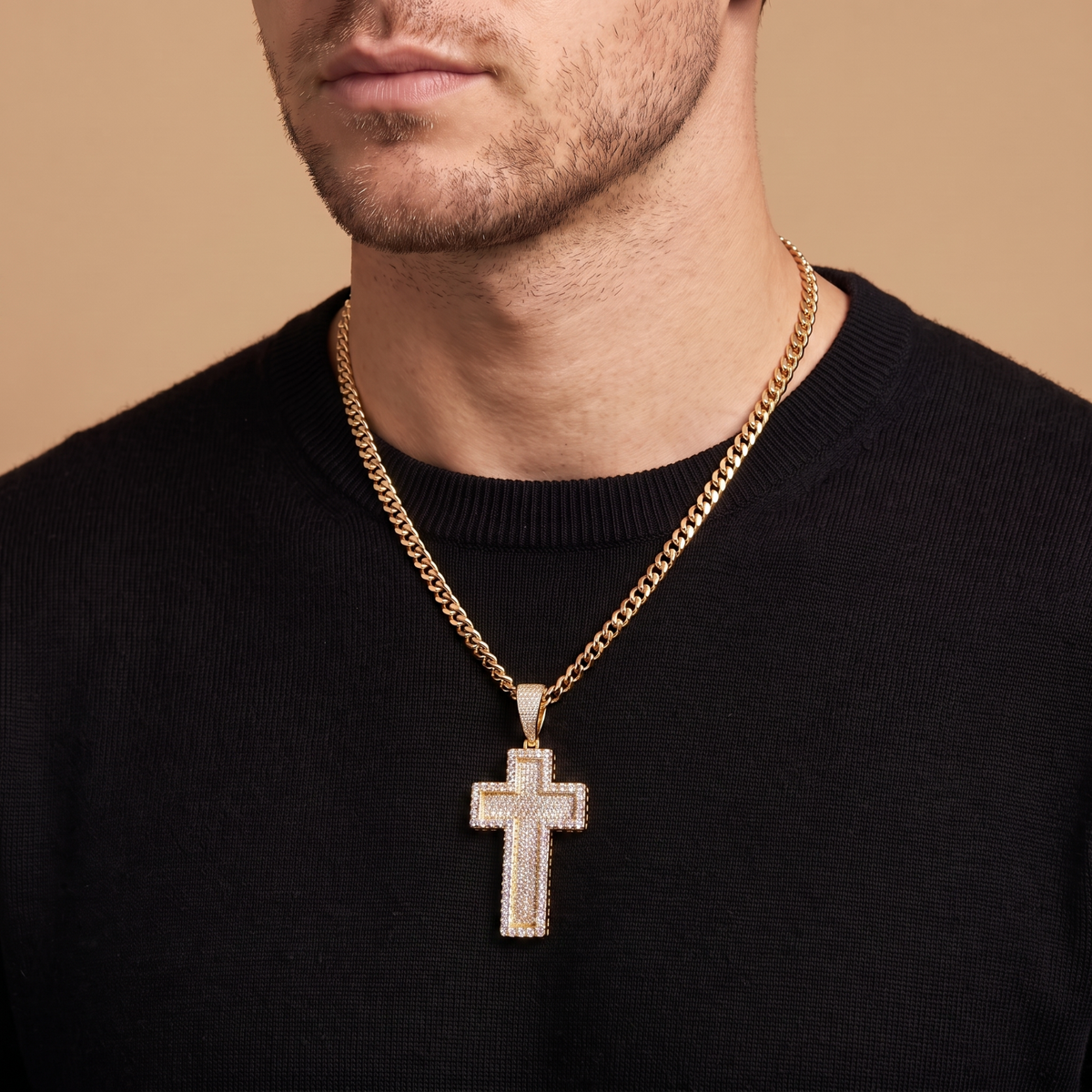 14k Gold Iced Out 3D Layered Cross Pendant - Large