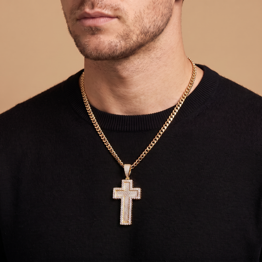 14k Gold Iced Out 3D Layered Cross Pendant - Large