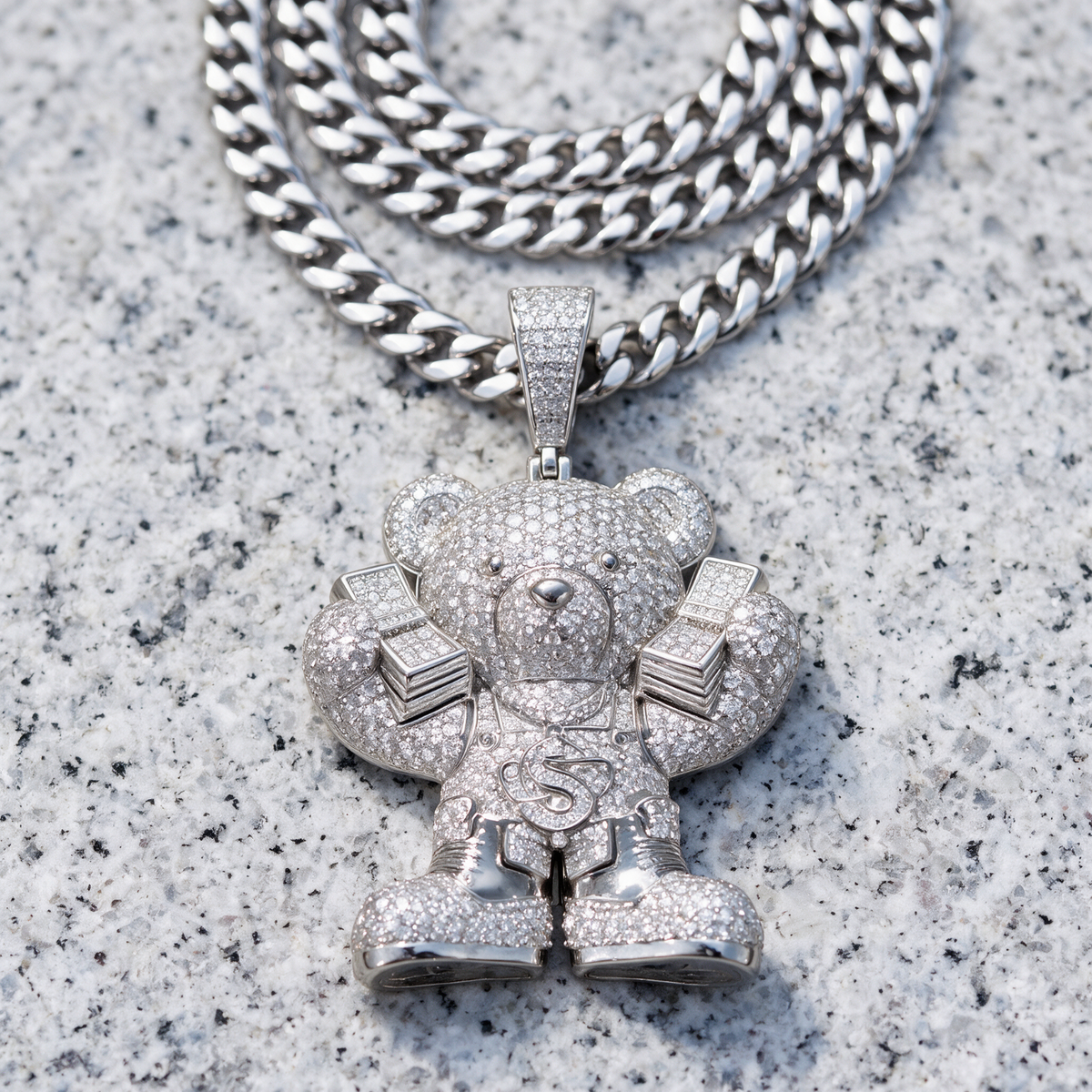 14k White Gold Iced Out Teddy Bear Money Pendant