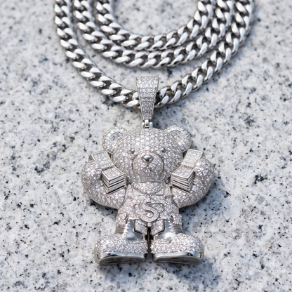 14k White Gold Iced Out Teddy Bear Money Pendant