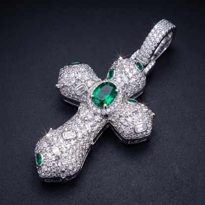 14k White Gold Iced Out Ornate Green Stone Cross