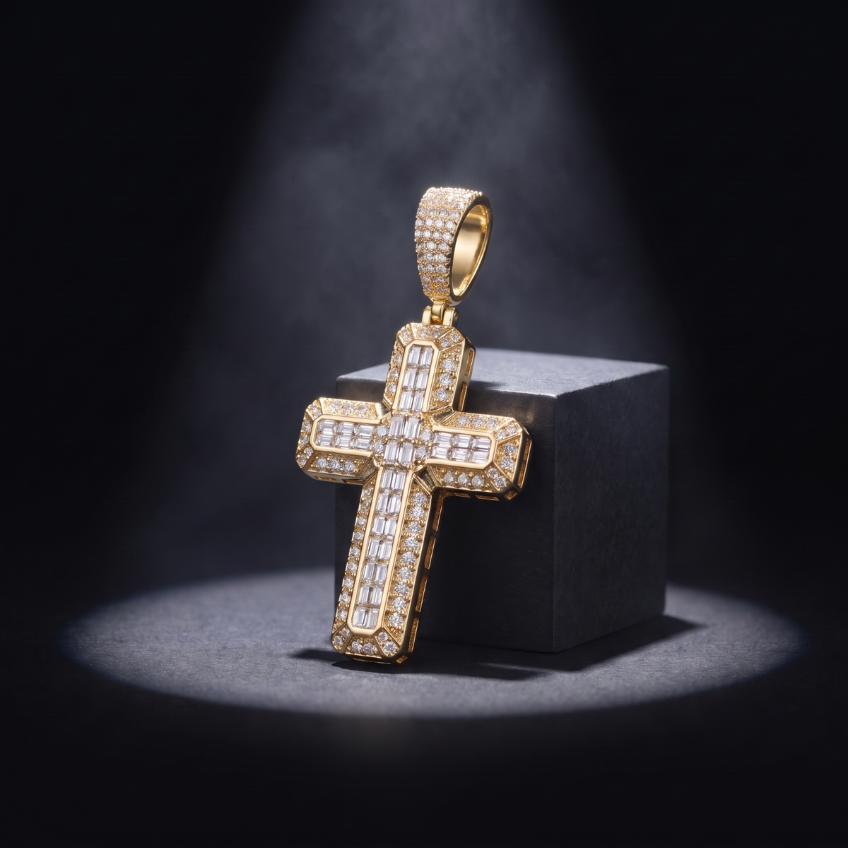 14k Gold Iced Out 3D Baguette Cross - Medium