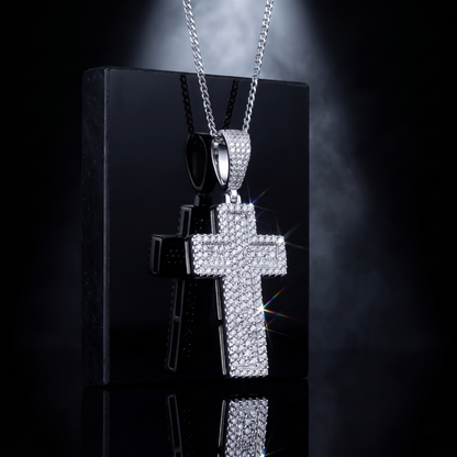 14k White Gold Iced Out 3D Layered Cross Pendant - Medium