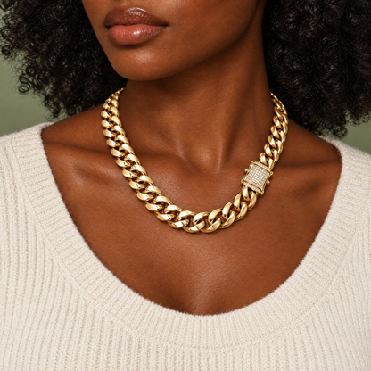 14k Gold 14mm Miami Cuban Chain Necklace Diamond Clasp