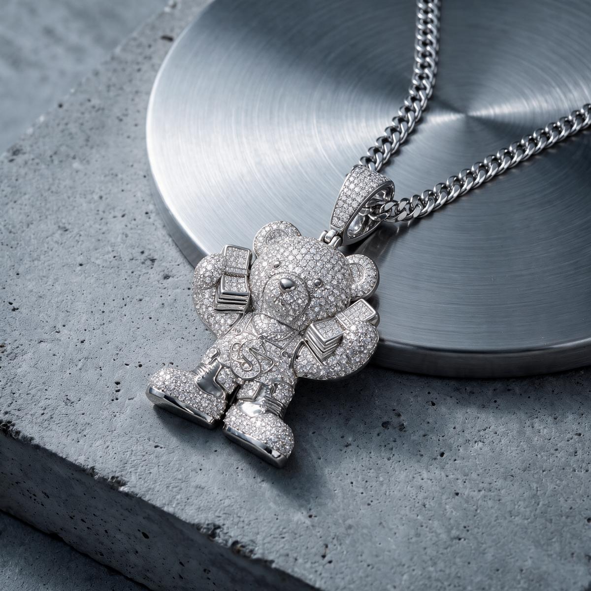 14k White Gold Iced Out Teddy Bear Money Pendant