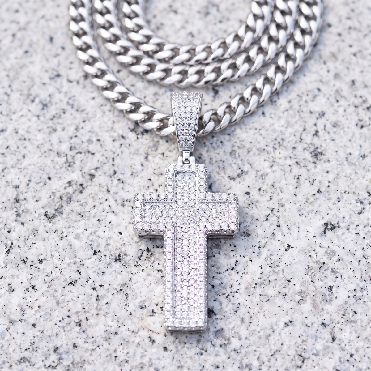 14k White Gold Iced Out 3D Layered Cross Pendant - Medium
