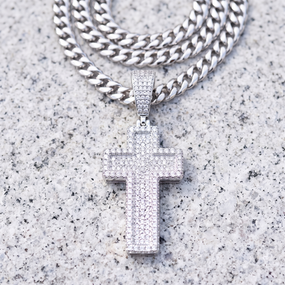 14k White Gold Iced Out 3D Layered Cross Pendant - Medium