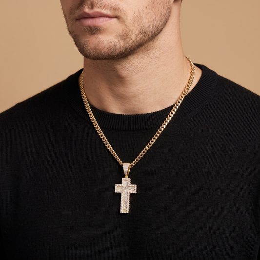 14k Gold Iced Out 3D Layered Cross Pendant - Small
