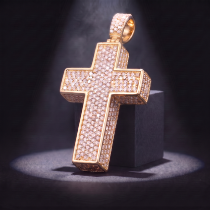 14k Gold Iced Out 3D Cross Pendant - Large