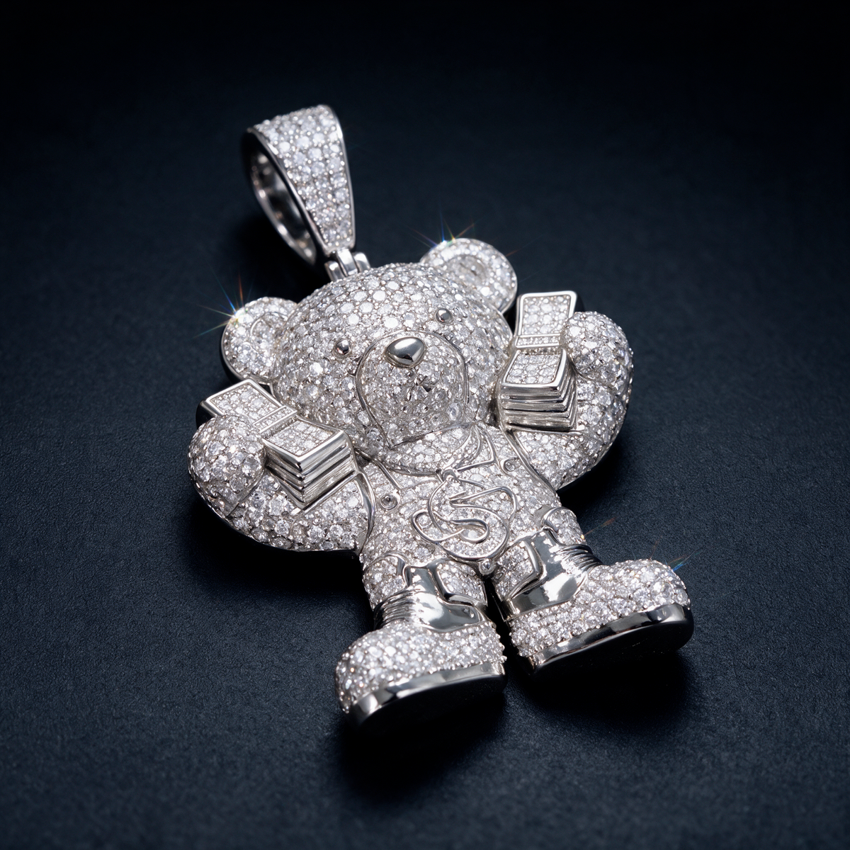 14k White Gold Iced Out Teddy Bear Money Pendant