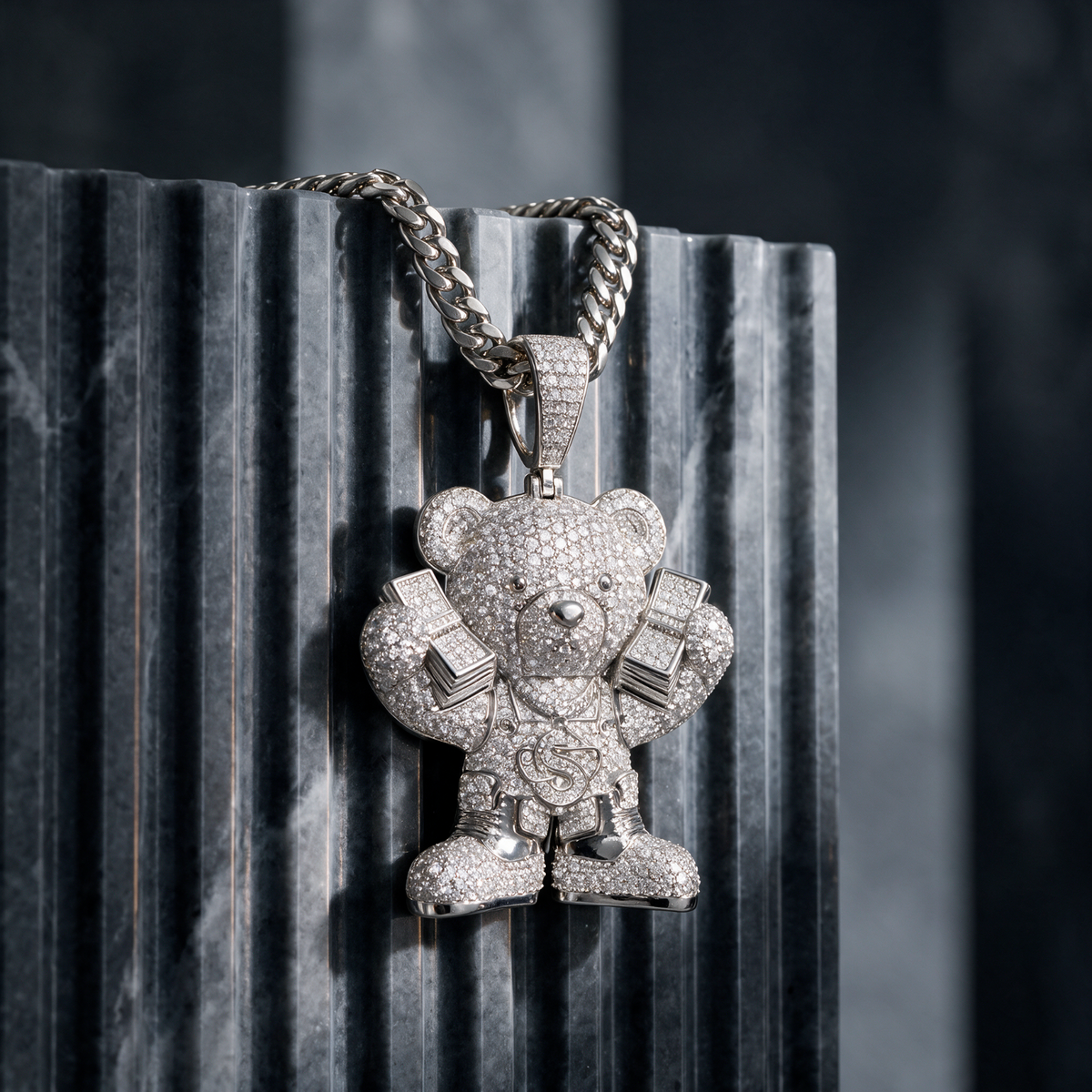 14k White Gold Iced Out Teddy Bear Money Pendant
