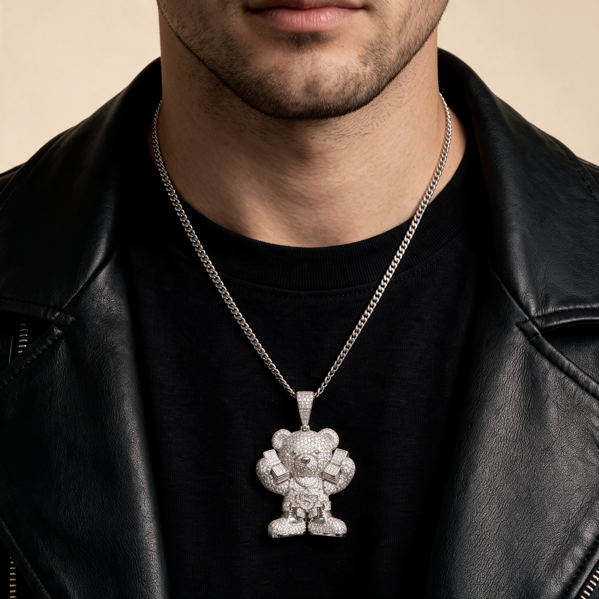 14k White Gold Iced Out Teddy Bear Money Pendant