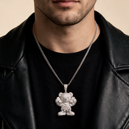 14k White Gold Iced Out Teddy Bear Money Pendant
