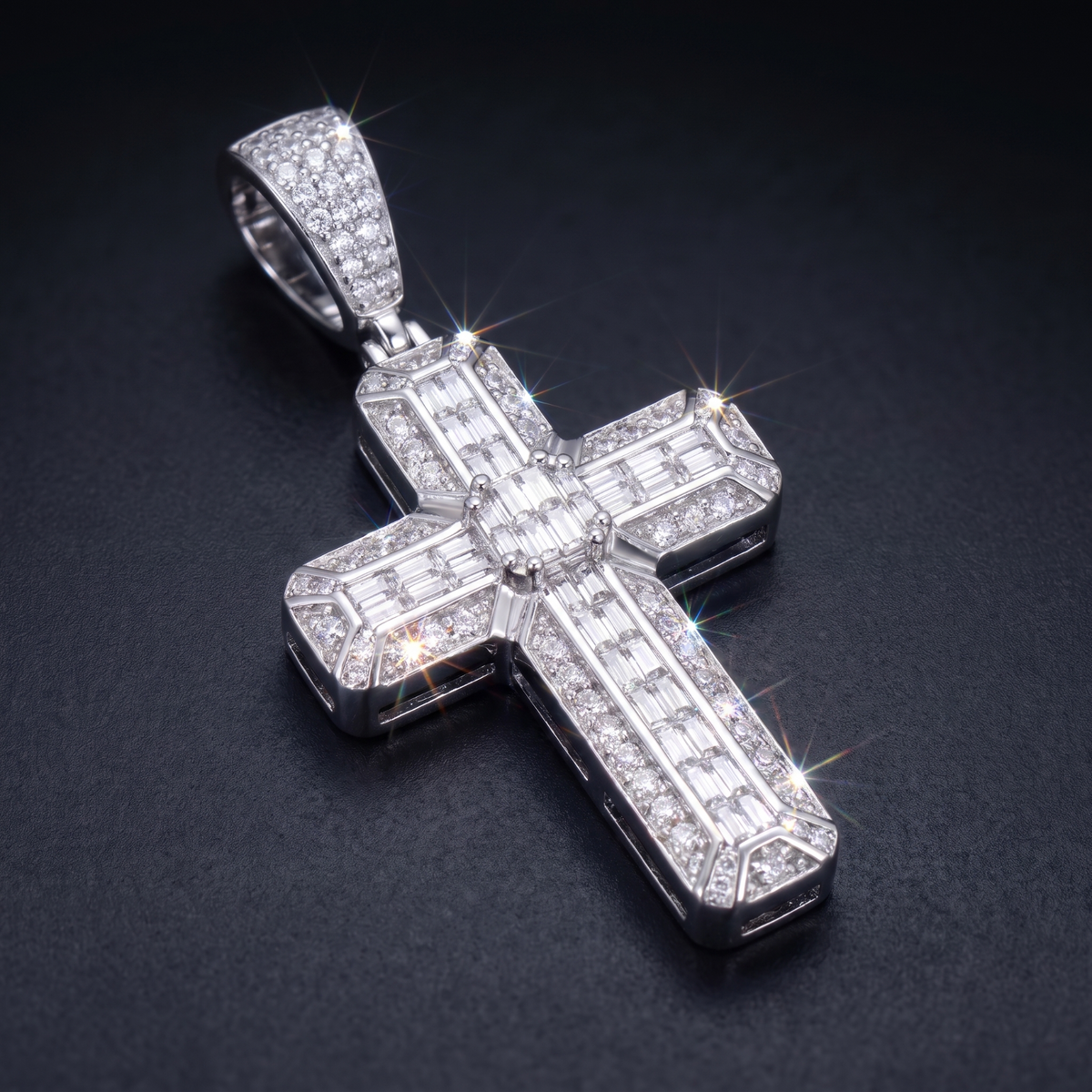 14k White Gold Iced Out 3D Iced Baguette Cross - Small