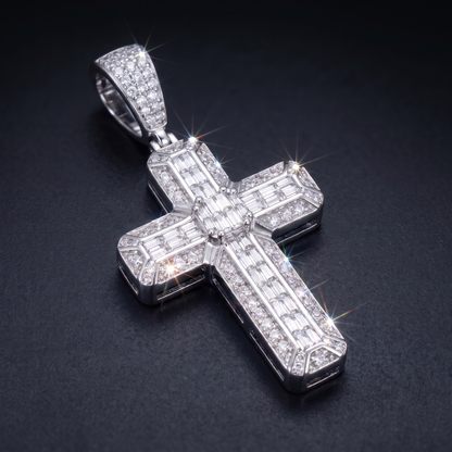 14k White Gold Iced Out 3D Iced Baguette Cross - Small
