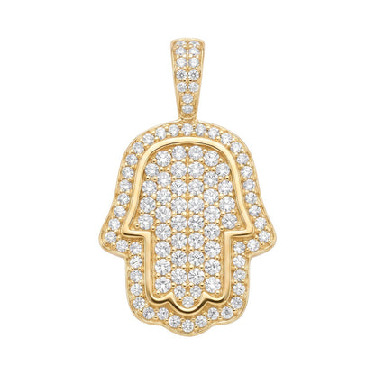 14k Gold Iced Out Hamsa Hand Pendant - Medium