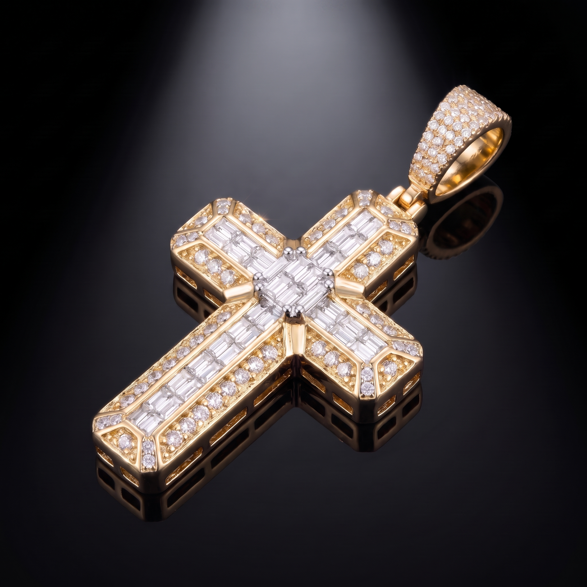 14k Gold Iced Out 3D Baguette Cross - Large