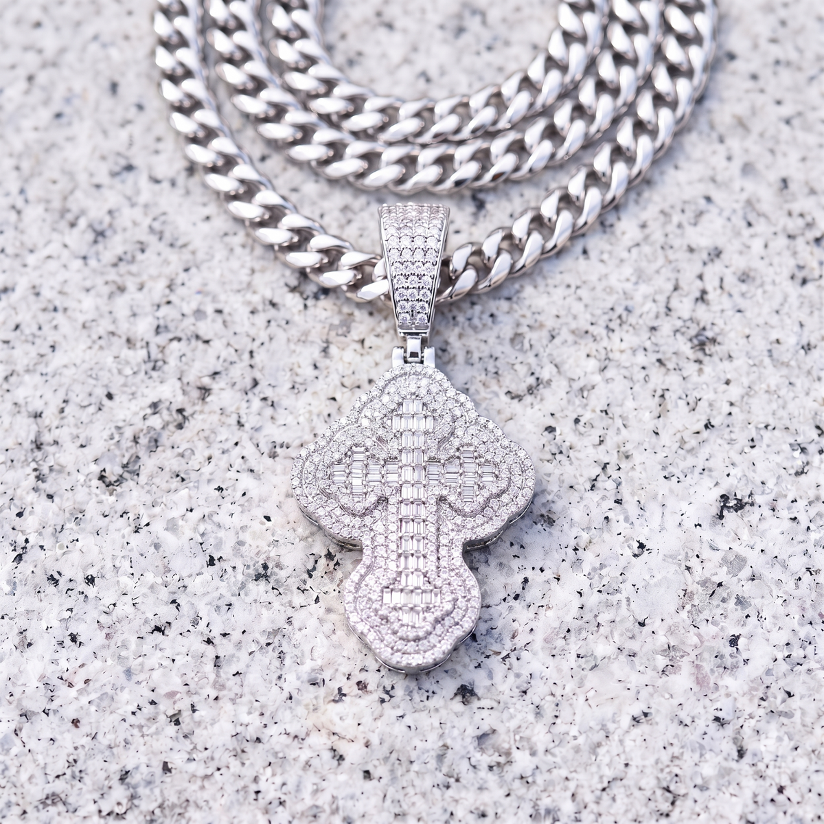 14k White Gold Iced Out 3D Iced Baguette Cross - Medium