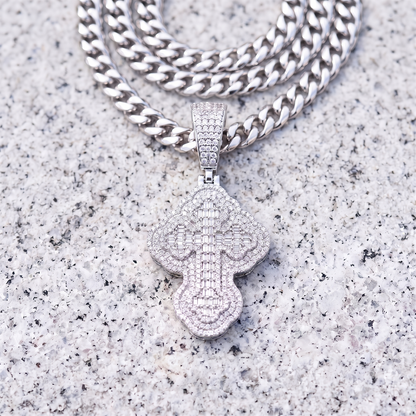 14k White Gold Iced Out 3D Iced Baguette Cross - Medium