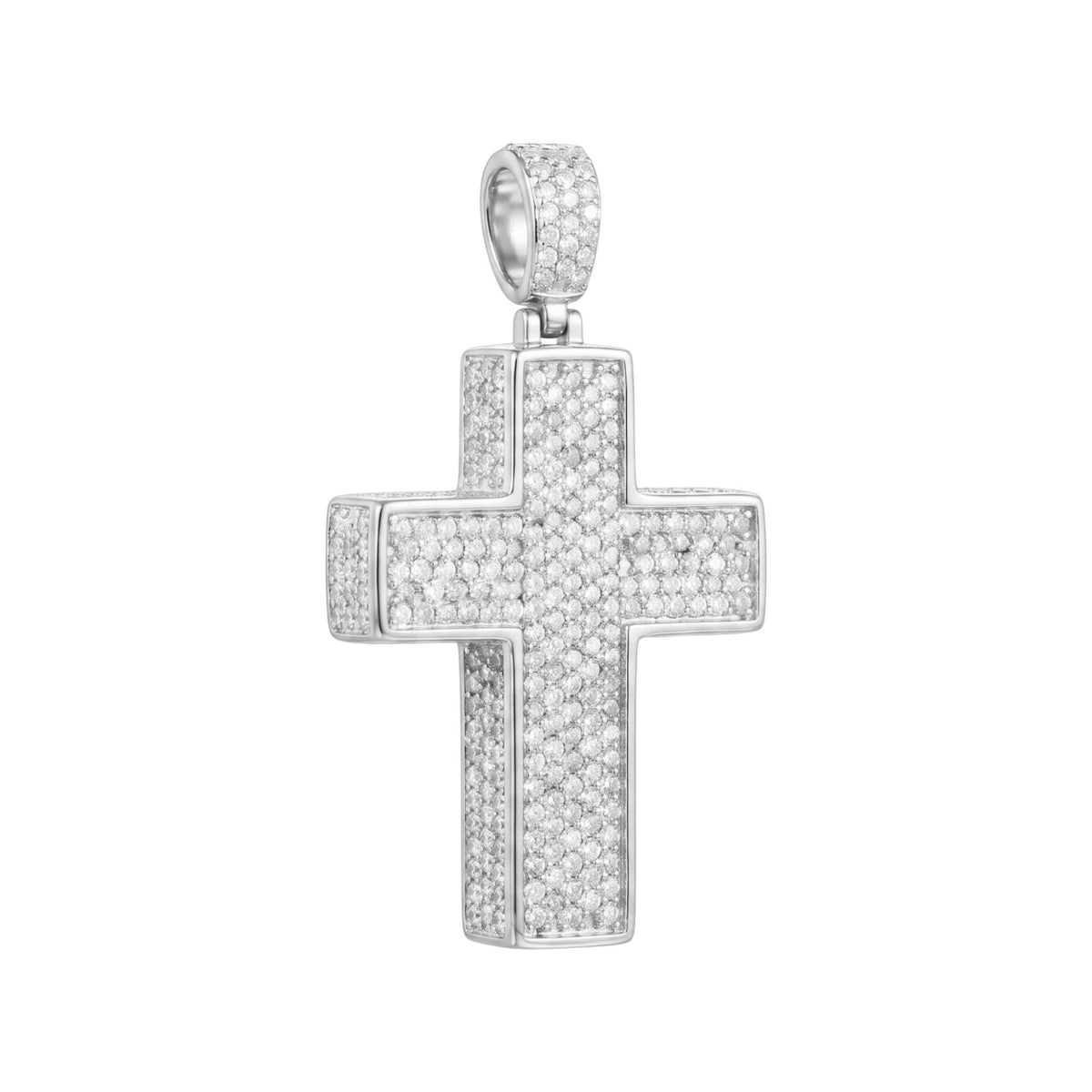 14k White Gold Iced Out 3D Cross Pendant - Small