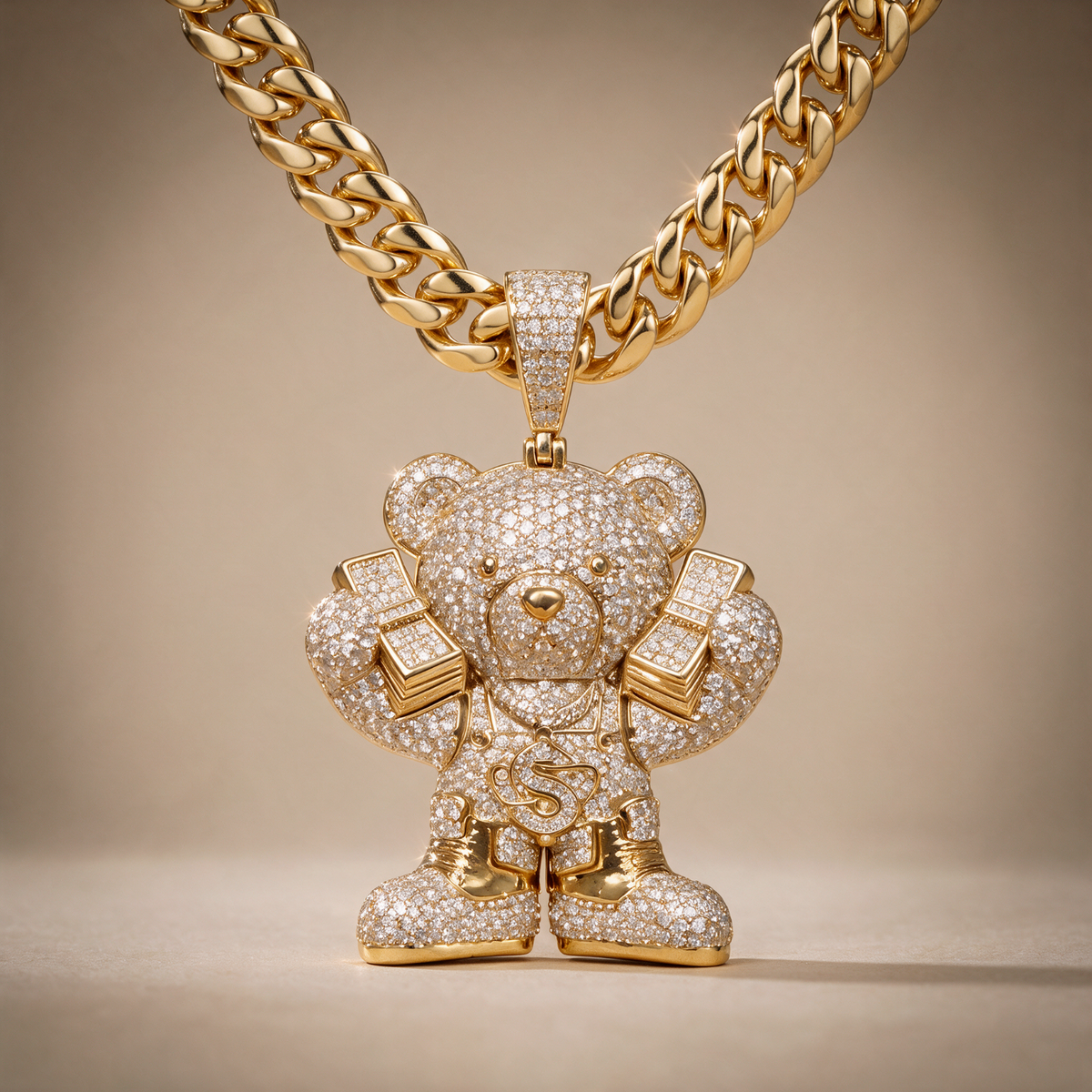 14k Gold Iced Out Teddy Bear Money Pendant