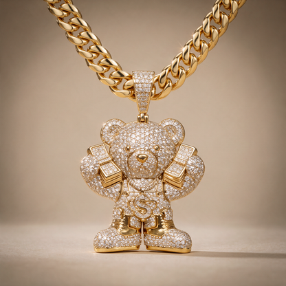 14k Gold Iced Out Teddy Bear Money Pendant