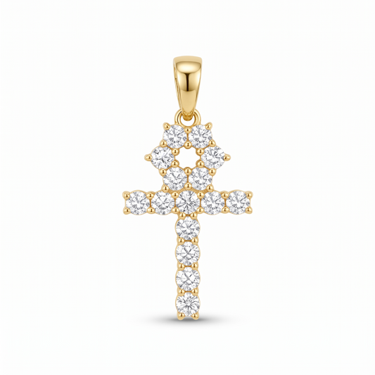 14k Gold Iced Out Tennis Ankh Cross Pendant