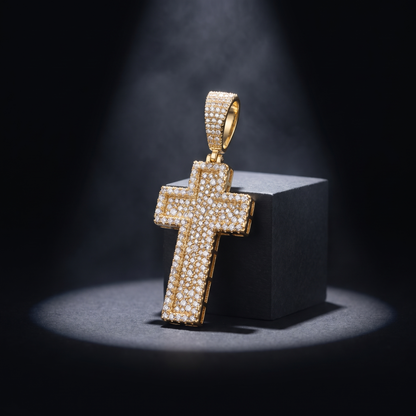 14k Gold Iced Out 3D Layered Cross Pendant - Small