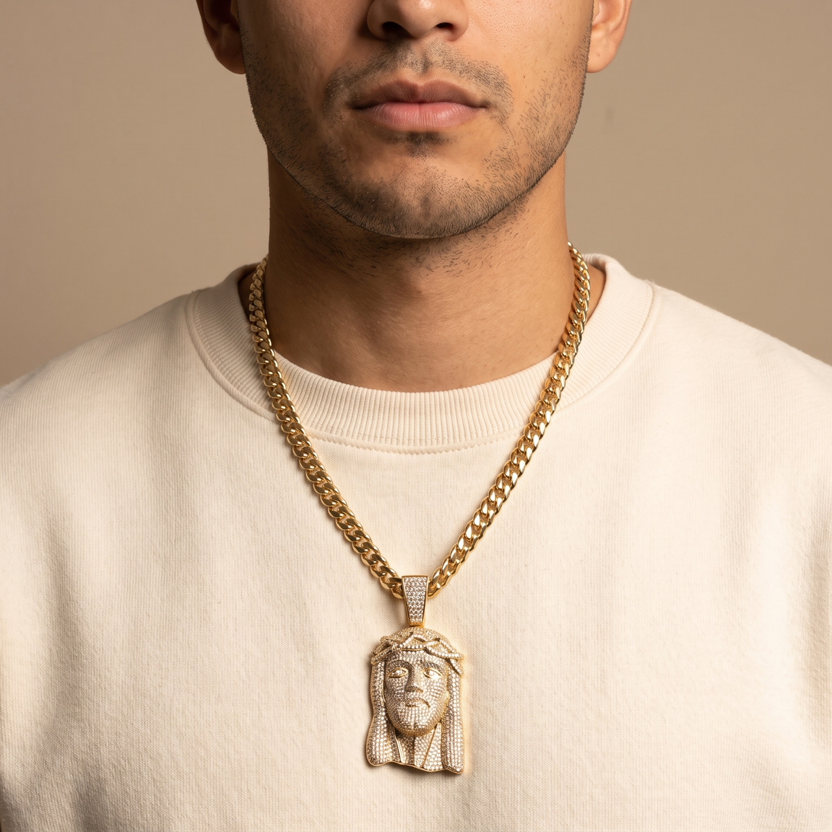 14k Gold Iced Out Jesus Face Crown of Thorns Pendant