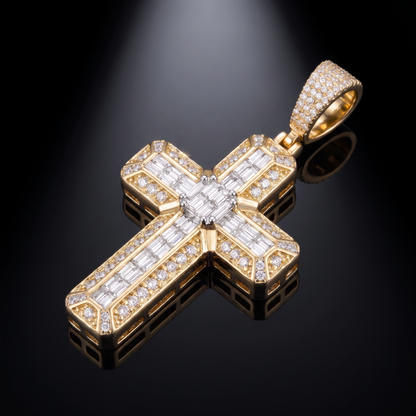 14k Gold Iced Out 3D Baguette Cross - Medium