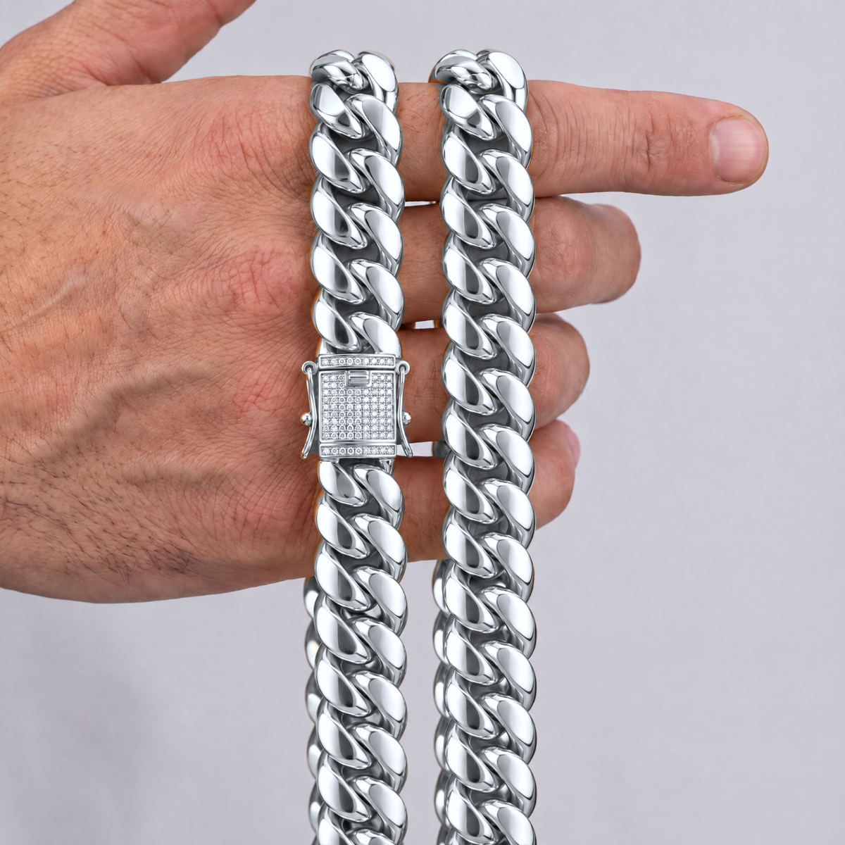 14k White Gold 12mm Miami Cuban Chain Necklace Diamond Clasp