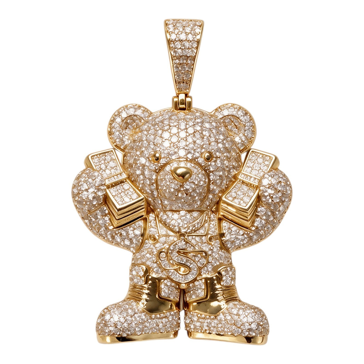 14k Gold Iced Out Teddy Bear Money Pendant
