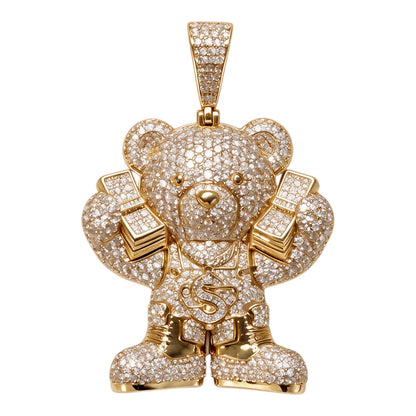 14k Gold Iced Out Teddy Bear Money Pendant
