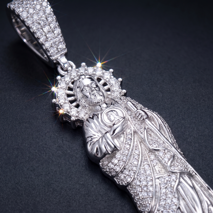 14k White Gold Iced Out Sacred Heart Jesus Pendant