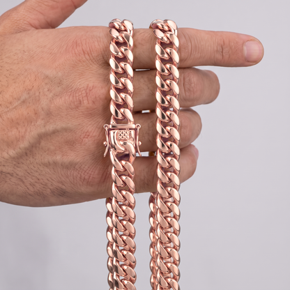 12mm 14k Rose Gold Plated Stainless Steel Miami Cuban Link Chain Necklace 16-30”