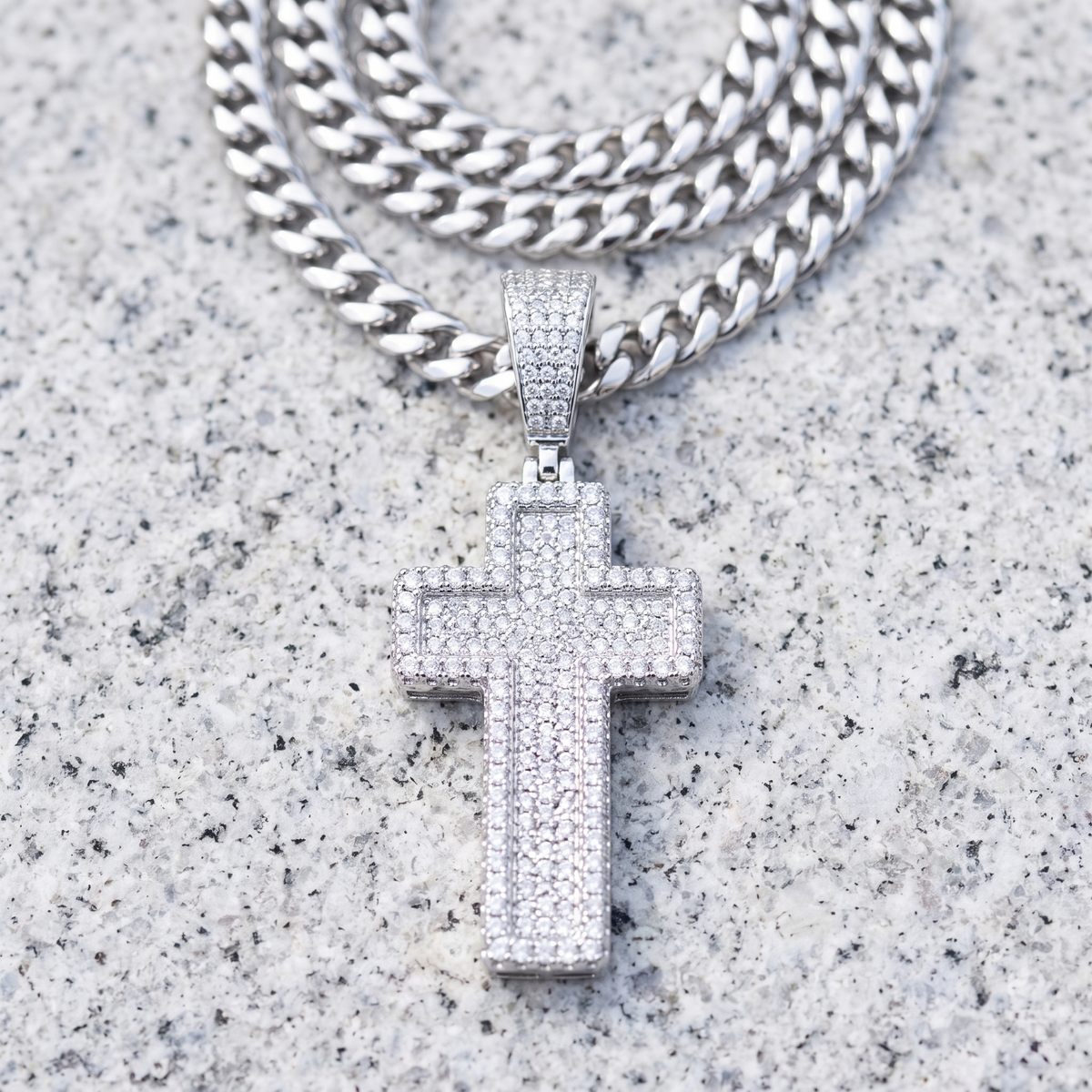 14k White Gold Iced Out 3D Layered Cross Pendant - Medium