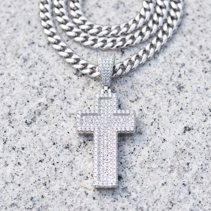 14k White Gold Iced Out 3D Layered Cross Pendant - Medium