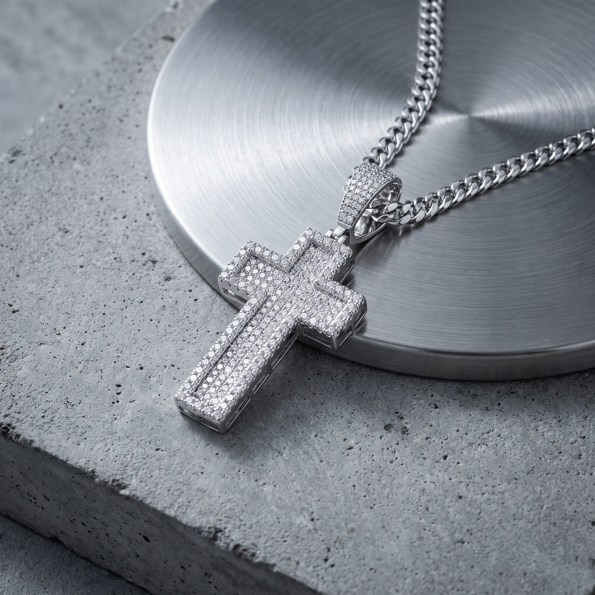14k White Gold Iced Out 3D Layered Cross Pendant - Medium