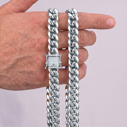 14k White Gold 8mm Miami Cuban Chain Necklace Diamond Clasp