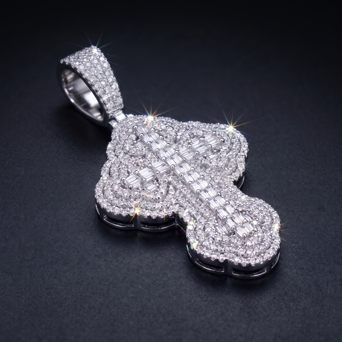 14k White Gold Iced Out 3D Iced Baguette Cross - Small