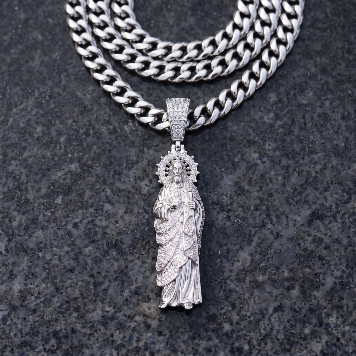 14k White Gold Iced Out Sacred Heart Jesus Pendant